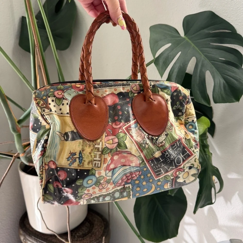Vintage Mary Engelbreit Print Nordic House Designs Canvas Leather Duffle Purse